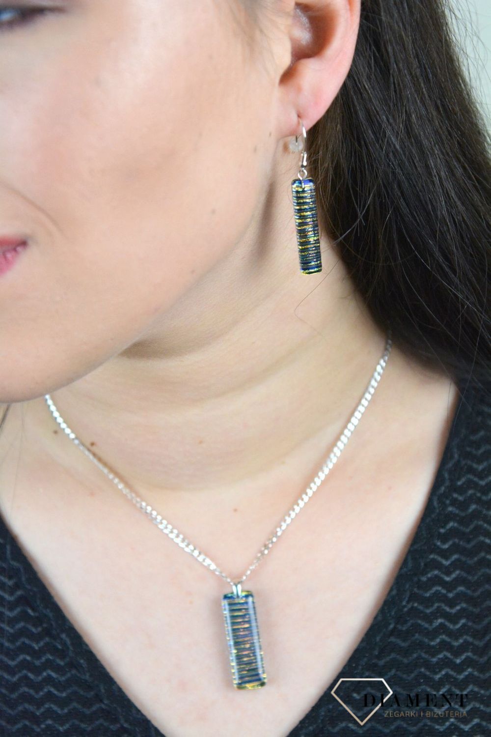 Srebrne kolczyki wiszące szkło weneckie 'Lśniące paski' Murano 54-KOL.jpg